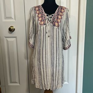 Artesian Bohemian Aztec Bell Sleeve Colorful Embroidered Striped Mini Dress S